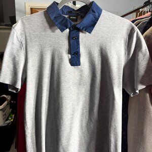 Hugo Boss Black Label Grey w Blue Trim Slim-Fit 100% Cotton Polo SZ Large
